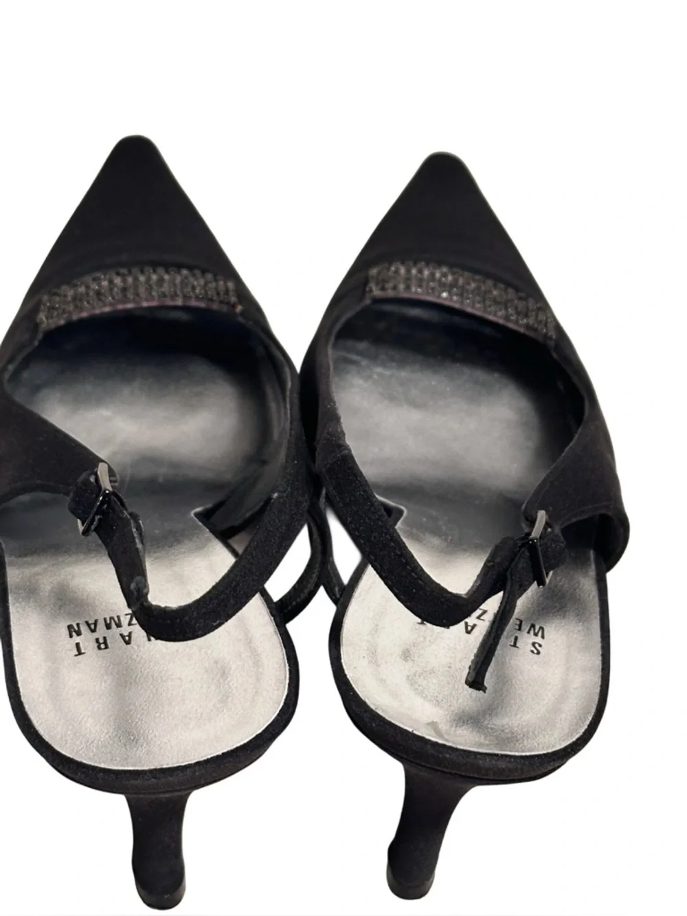 Stuart Weitzman Black Suede Crystal Embellished Slingback Pointed Toe Pumps 7.5